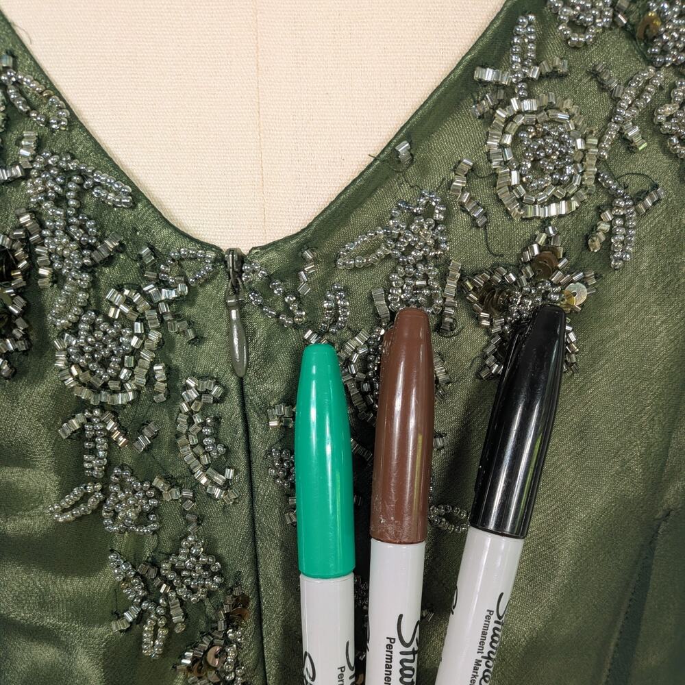 Vintage Scala Midi Dress Cocktail Gown XL Green Silk Bead Gatsby Fairy Grunge - Picture 9 of 16